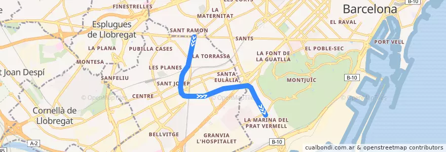 Mapa del recorrido L10 Sud: Collblanc => Foc de la línea  en Barcelonès.