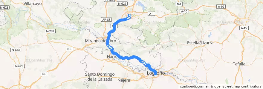 Mapa del recorrido A9 Vitoria-Gasteiz → Logroño (Las Conchas) de la línea  en Sepanyol.