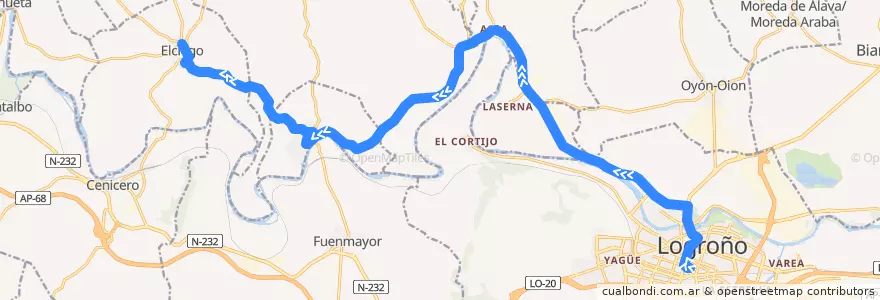 Mapa del recorrido A11 Logroño → Elciego de la línea  en Spagna.