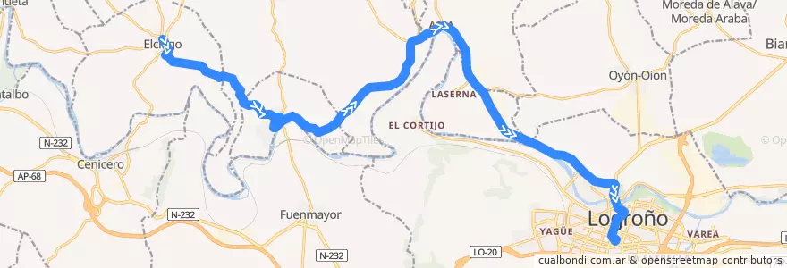 Mapa del recorrido A11 Elciego → Logroño de la línea  en España.