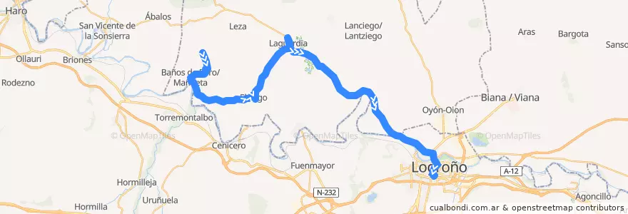 Mapa del recorrido A11 Villabuena de Álava/Eskuernaga → Laguardia → Logroño de la línea  en Arabako Errioxa/Rioja Alavesa.