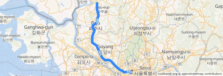 Mapa del recorrido 수도권 전철 경의·중앙선: 서울역 → 문산 de la línea  en 대한민국.