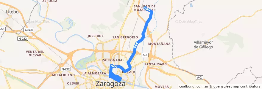 Mapa del recorrido Bus 102: San Juan de Mozarrifar => Zaragoza (por Avenida Cataluña) de la línea  en سرقسطة.