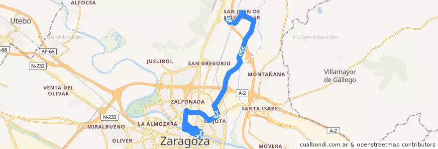 Mapa del recorrido Bus 102: San Juan de Mozarrifar => Zaragoza (por Avenida Cataluña) de la línea  en Saragoça.
