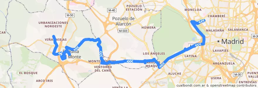 Mapa del recorrido Bus 573: Madrid (Moncloa) - Boadilla del Monte Por Urb. Montepríncipe de la línea  en Área metropolitana de Madrid y Corredor del Henares.