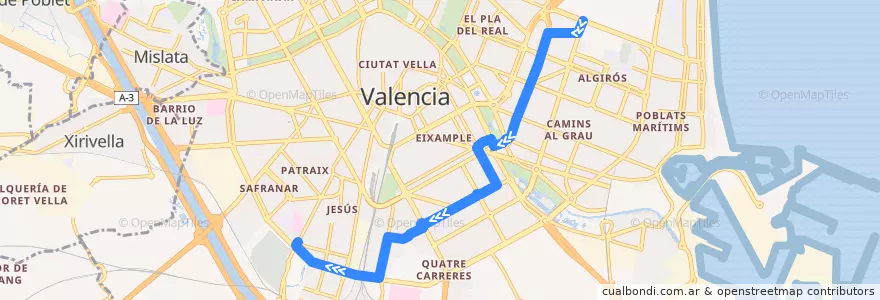 Mapa del recorrido Bus 18: Universitats => Hospital Dr. Peset de la línea  en Comarca de València.