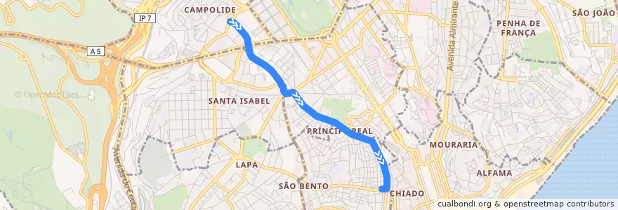 Mapa del recorrido 24E: Campolide → Praça Luis Camões de la línea  en لیسبون.