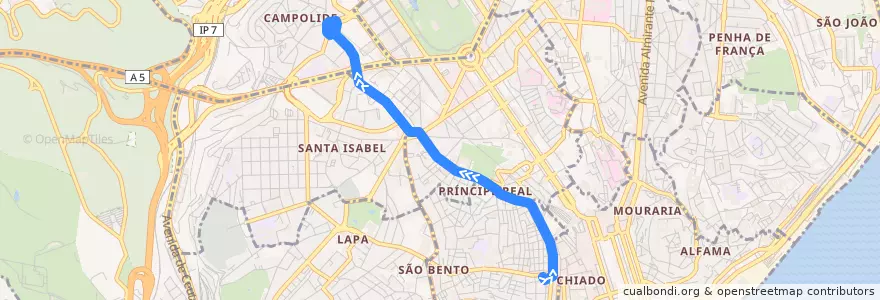 Mapa del recorrido 24E: Praça Luis de Camões → Campolide de la línea  en Lisbona.