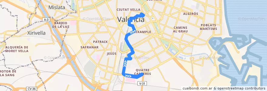 Mapa del recorrido Bus 8: Nou Hospital la Fe => Porta de la Mar de la línea  en Comarca de València.