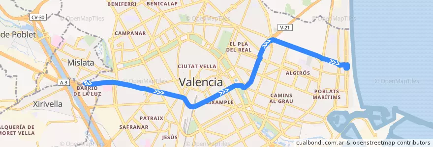 Mapa del recorrido Bus 93: Av. del Cid => Pg. Marítim de la línea  en Comarca de València.