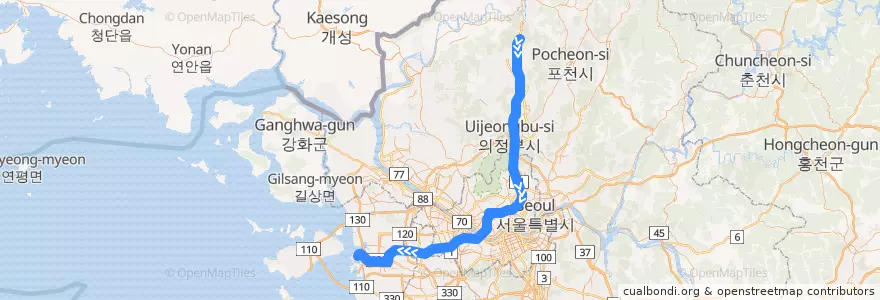 Mapa del recorrido 수도권 전철 1호선 경인·경원 계통: 소요산 → 인천 de la línea  en Güney Kore.