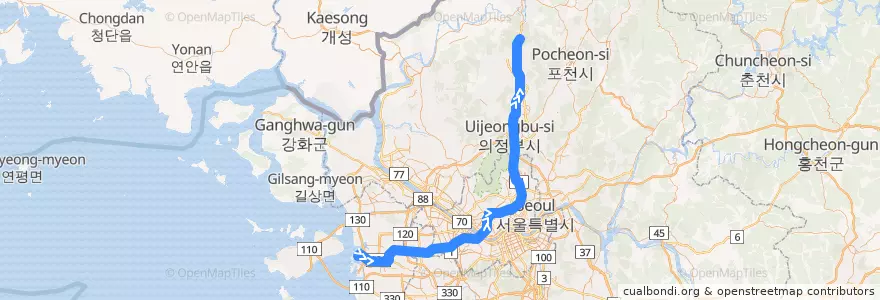 Mapa del recorrido 수도권 전철 1호선 경인·경원 계통: 인천 → 소요산 de la línea  en Corea del Sud.