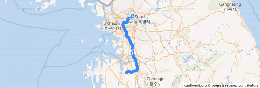 Mapa del recorrido 수도권 전철 1호선 경부·장항 계통: 광운대 → 신창 de la línea  en کره جنوبی.