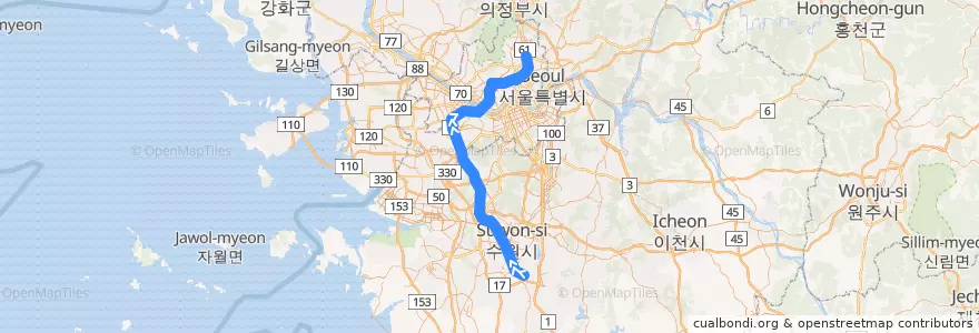 Mapa del recorrido 수도권 전철 1호선 경부·장항 계통: 서동탄 → 광운대 de la línea  en Coreia do Sul.