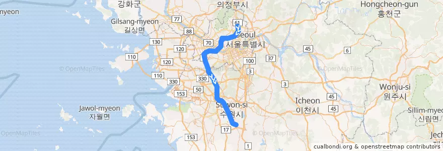 Mapa del recorrido 수도권 전철 1호선 경부·장항 계통: 광운대 → 서동탄 de la línea  en 대한민국.