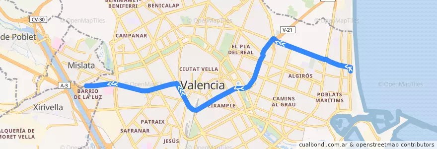 Mapa del recorrido Bus 93: Pg. Marítim => Av. del Cid de la línea  en Comarca de València.
