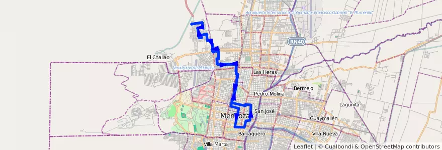 Mapa del recorrido 87 - Bº Municipal - Bº Cementista II por Salta  de la línea G04 en Mendoza.