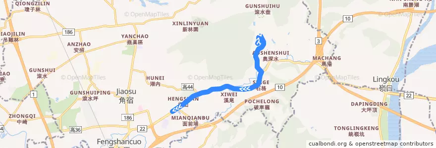 Mapa del recorrido 鳳山燕巢城市快線(返程_延駛高師大燕巢校區) de la línea  en 燕巢區.