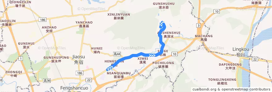 Mapa del recorrido 鳳山燕巢城市快線(往程_延駛高師大燕巢校區) de la línea  en 燕巢區.
