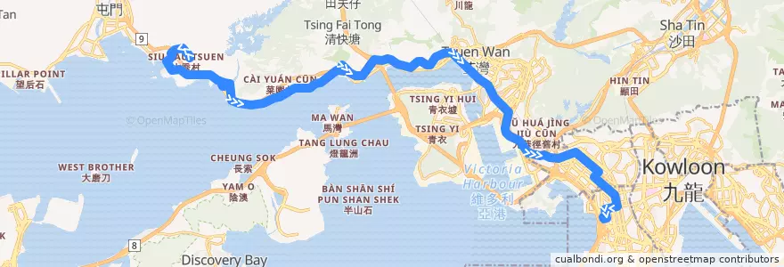 Mapa del recorrido 九巴52X線 KMB 52X (掃管笏 So Kwun Wat → 旺角（柏景灣） Mong Kok (Park Avenue)) de la línea  en Nuevos Territorios.