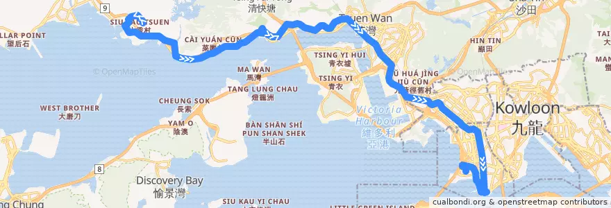 Mapa del recorrido 九巴261B線 KMB 261B (掃管笏 So Kwun Wat → 九龍站 Kowloon Station) de la línea  en Novos Territórios.
