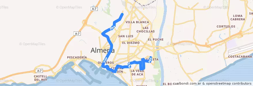 Mapa del recorrido L7: La Goleta - Piedras Redondas de la línea  en Almería.