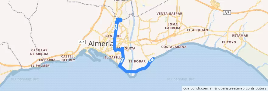 Mapa del recorrido L4: Universidad - La Goleta - Torrecárdenas de la línea  en Alméria.