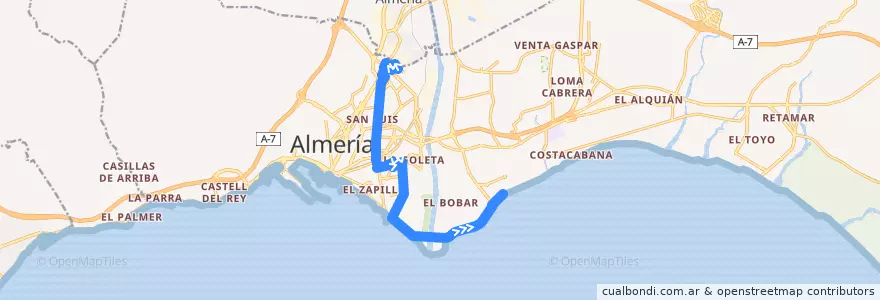 Mapa del recorrido L4: Torrecárdenas - La Goleta - Universidad de la línea  en Almería.