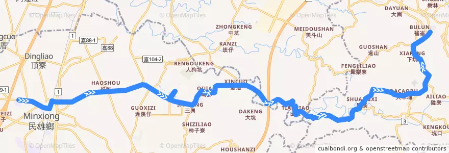 Mapa del recorrido 公路客運 7306: 民雄→梅山(返程) de la línea  en 嘉義縣.