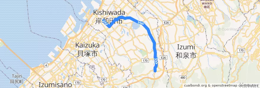 Mapa del recorrido 611: 岸和田駅前-牛滝山 de la línea  en 岸和田市.