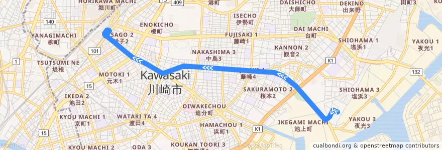 Mapa del recorrido 水江町線 塩浜営業所 => 川崎駅 de la línea  en Кавасаки.