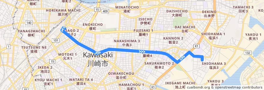 Mapa del recorrido 水江町線 川崎駅 => 塩浜二丁目 de la línea  en Kawasaki Ward.