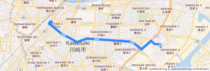 Mapa del recorrido 水江町線 塩浜二丁目 => 川崎駅 de la línea  en 川崎区.