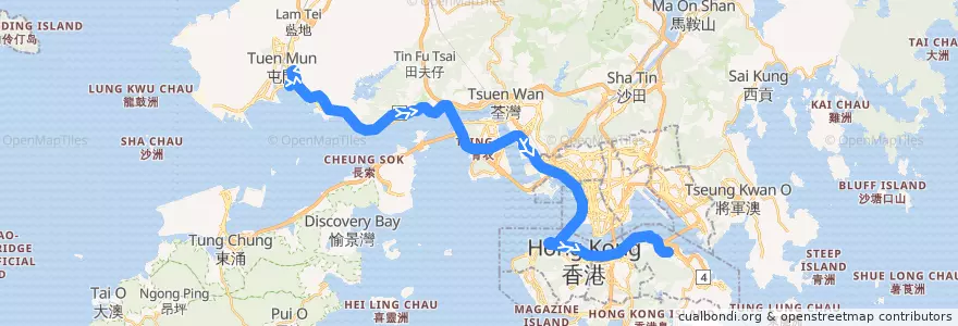 Mapa del recorrido 過海隧巴962C線 Cross-harbour Bus 962C (三聖 Sam Shing​ → 鰂魚涌 Quarry Bay) de la línea  en 신제.