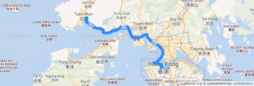 Mapa del recorrido 過海隧巴962B線 Cross-harbour Bus 962B (灣仔 Wan Chai → 置樂花園 Chi Lok Fa Yuen) de la línea  en Nuovi Territori.