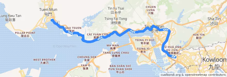 Mapa del recorrido 九巴N252線 KMB N252 (美孚 Mei Foo → 三聖 Sam Shing) de la línea  en 新界 New Territories.