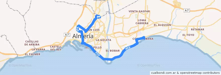 Mapa del recorrido L18: Torrecárdenas - Costacabana de la línea  en Almería.
