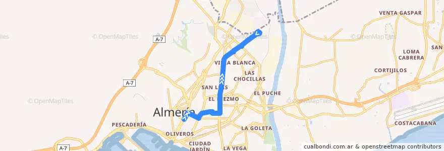 Mapa del recorrido L5: Centro - Villa Blanca - C. C. Torrecárdenas de la línea  en Almería.