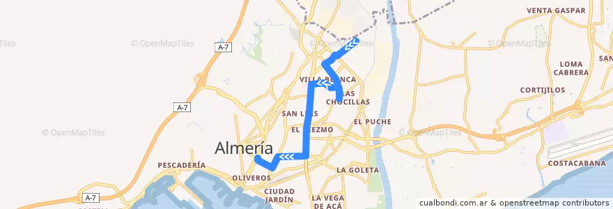 Mapa del recorrido L5: C. C. Torrecárdenas - Villa Blanca - Centro de la línea  en Almería.