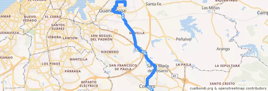 Mapa del recorrido Ruta A7 Cotorro - Guanabacoa de la línea  en La Habana.