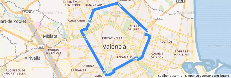 Mapa del recorrido Bus N90: Circular Ronda Trànsits de la línea  en Comarca de València.