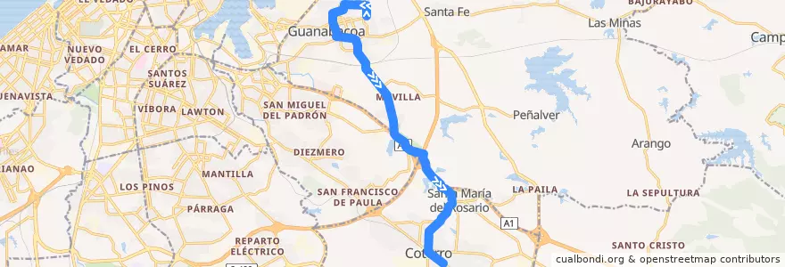 Mapa del recorrido Ruta A7 Guanabacoa - Cotorro de la línea  en La Habana.