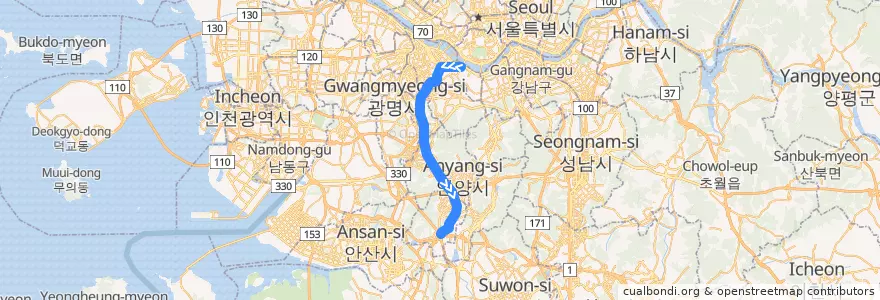 Mapa del recorrido 서울 버스 5531 (군포공영차고지 방면) de la línea  en Coreia do Sul.