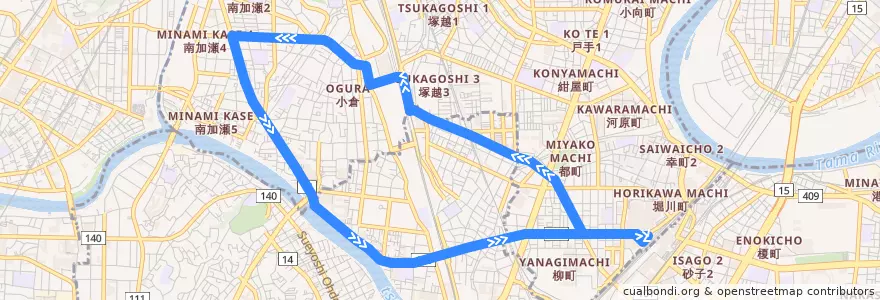 Mapa del recorrido 矢向末吉橋循環 de la línea  en Prefectura de Kanagawa.
