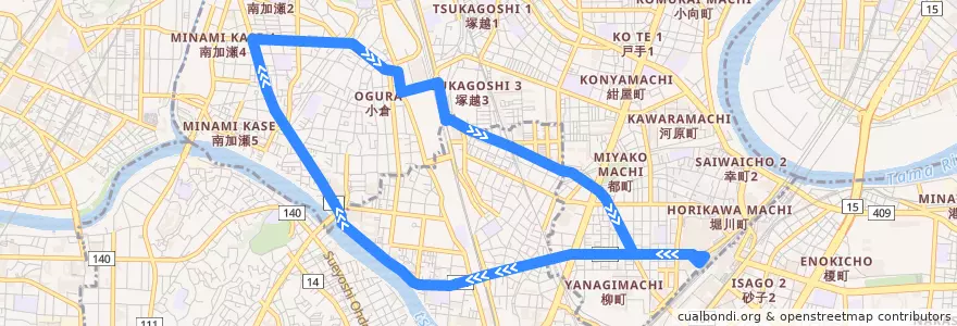 Mapa del recorrido 末吉橋矢向循環 de la línea  en 가나가와현.
