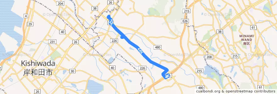 Mapa del recorrido 301V: 和泉中央駅-和泉府中駅前 de la línea  en 和泉市.
