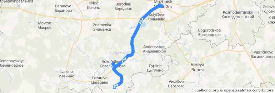 Mapa del recorrido Автобус № 34: Ширино => Автостанция Можайск de la línea  en Можайский городской округ.