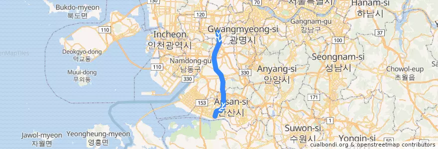 Mapa del recorrido 수도권 전철 서해선: 소사 → 원시 de la línea  en 경기도.