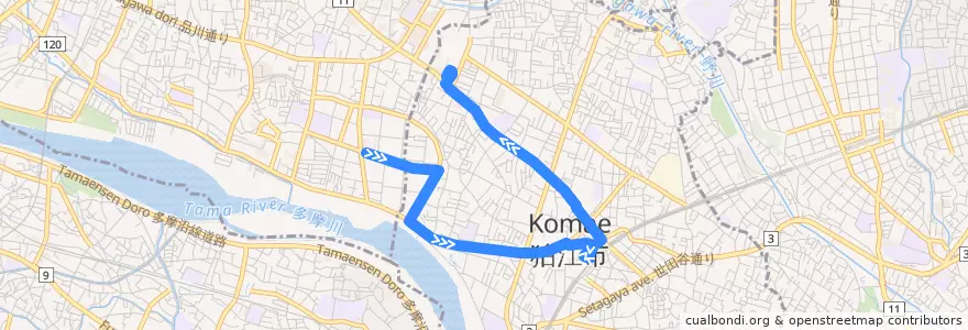 Mapa del recorrido 狛江北口線 多摩川住宅中央 => 慈恵医大第三病院 de la línea  en Tokyo.