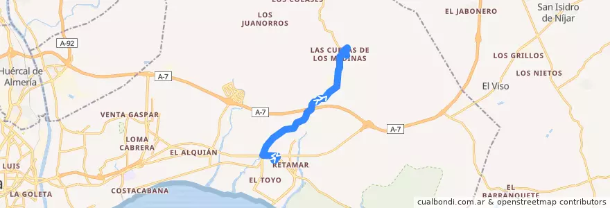 Mapa del recorrido L21: Hospital El Toyo - Cuevas de los Medina de la línea  en Almería.